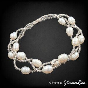 Triple Strand Freshwater Cultured Pearl Braided Silver Tone Bracelet